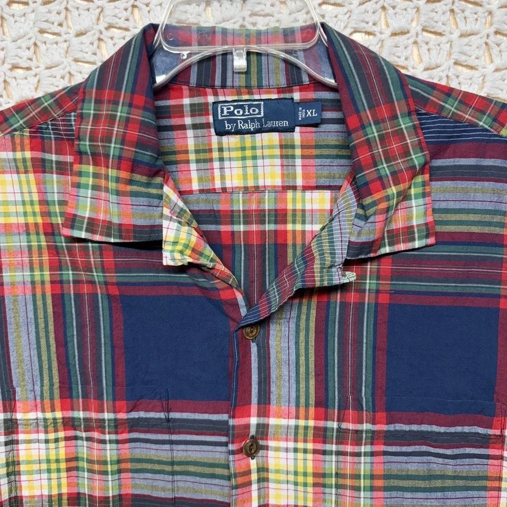 Vintage Polo Ralph Lauren Shirt Mens XL Blue Red Plaid Camp Chest Pockets Collar